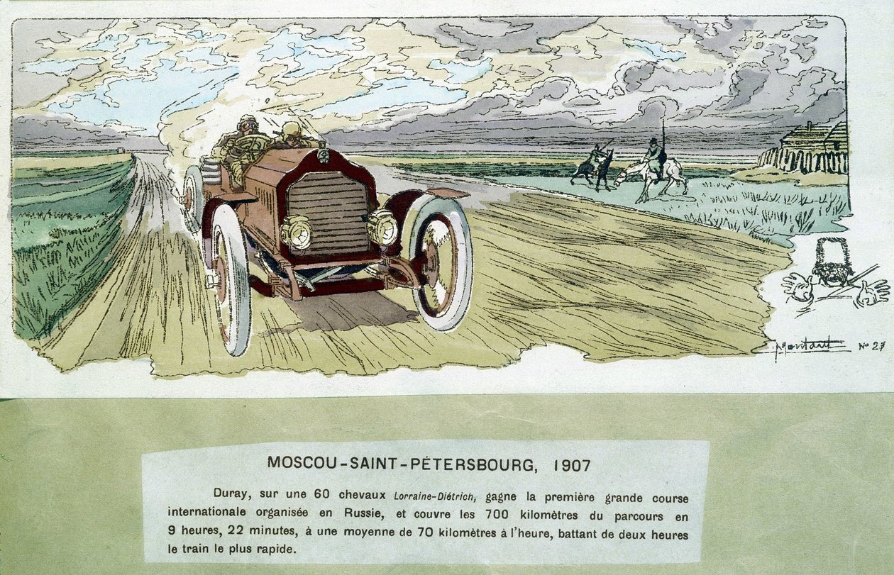 モーターレース。Ernest Montaut（1878-1909）が描いた1900年頃のモスクワ-サンクトペテルブルク間のモーターレース。 作： アーネスト・モントー