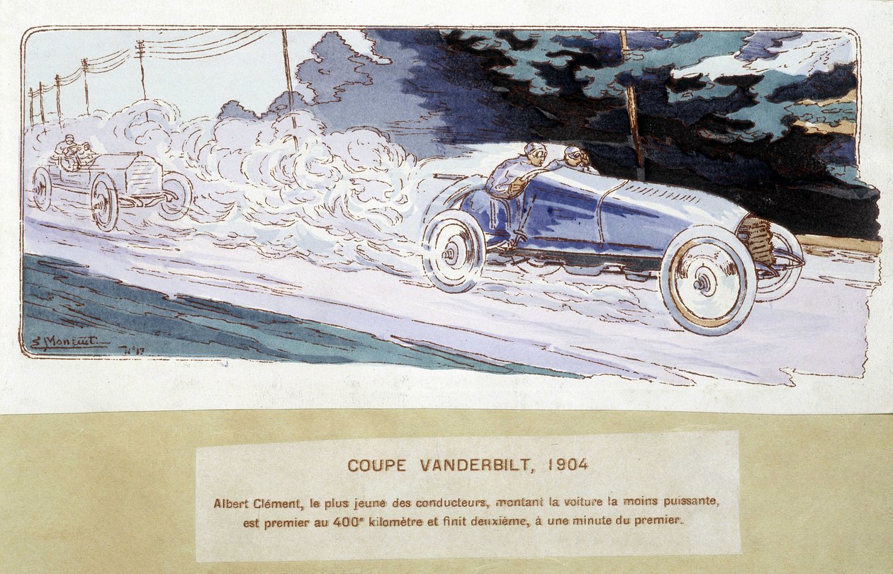 レース：1904年のヴァンダービルト・カップ - Ernest Montaut (1878-1909) によるドローイング。 作： アーネスト・モントー