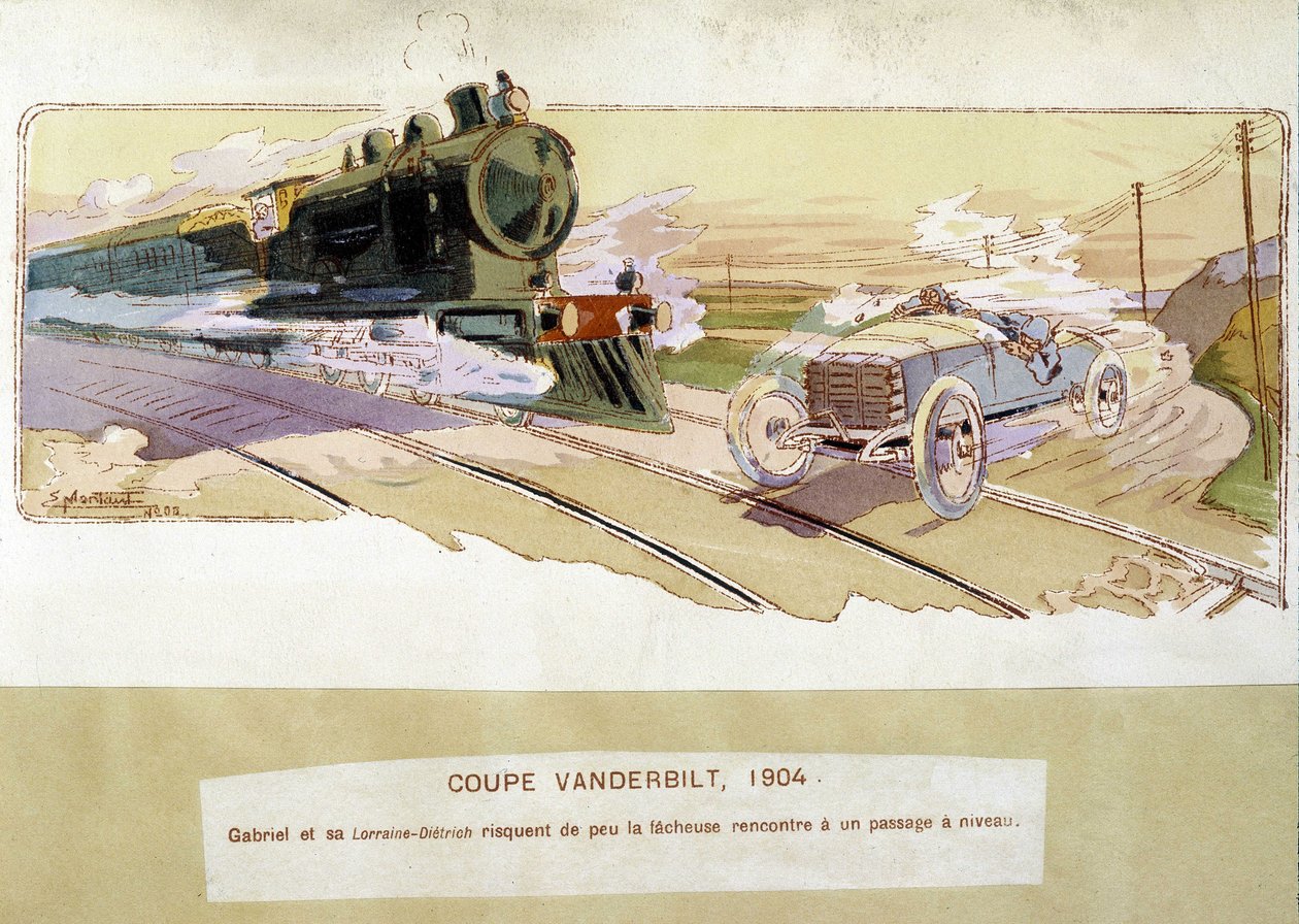 レース：1904年のヴァンダービルト・カップ - Ernest Montaut (1878-1909) によるドローイング。 作： アーネスト・モントー