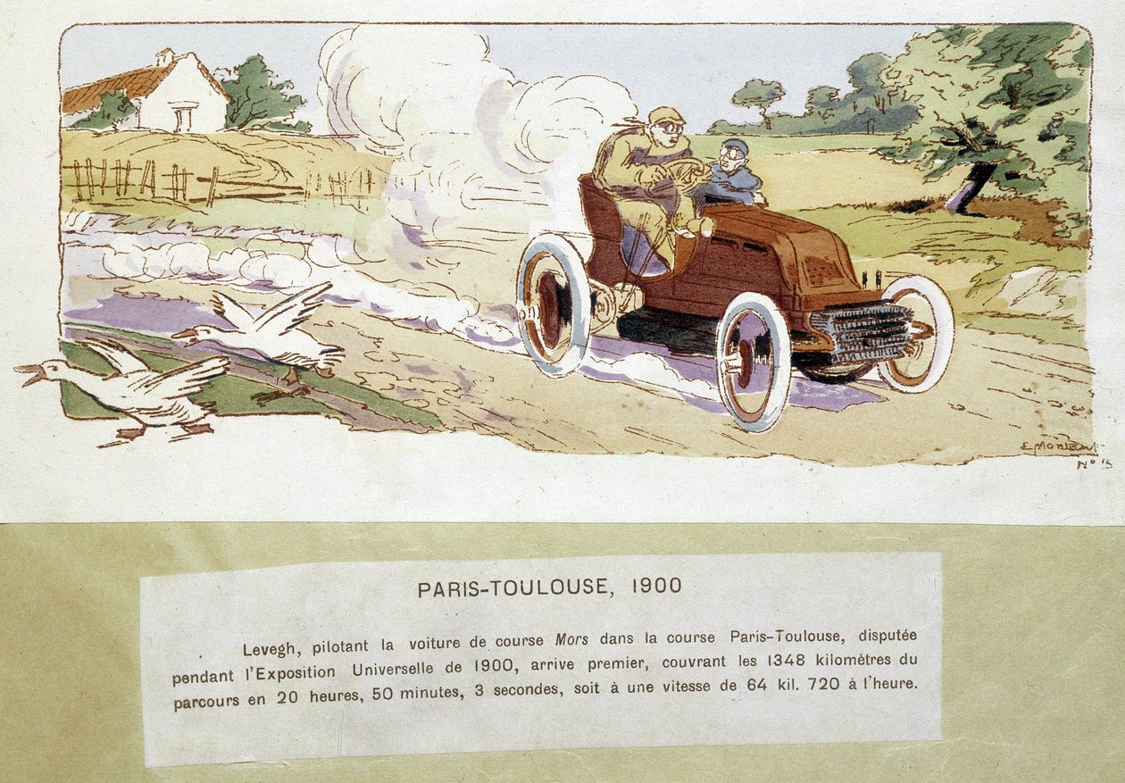 1900年のパリ-トゥールーズ間のレース（Ernest Montaut（1878-1909）の絵）。 作： アーネスト・モントー