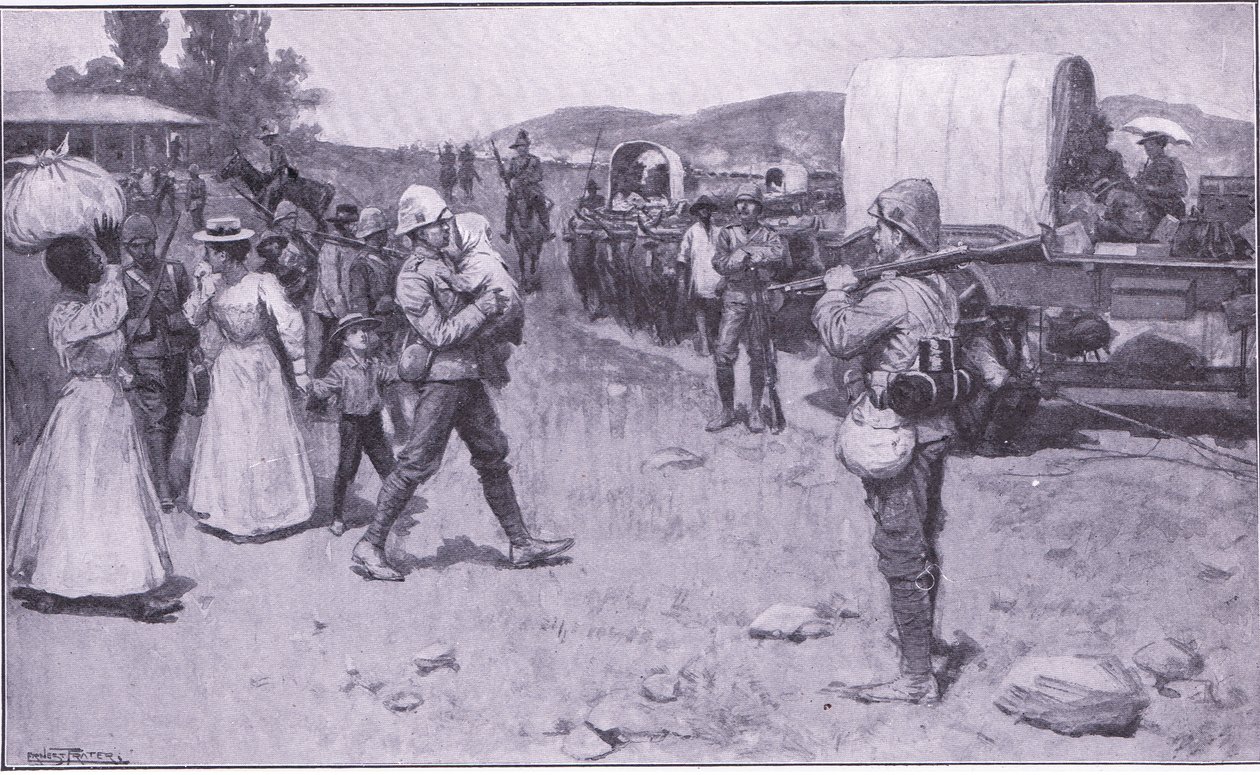 ボーア難民を支援するイギリスの兵士、イラスト「プレトリア後：ゲリラ戦争」、1902年 作： アーネストプラーター