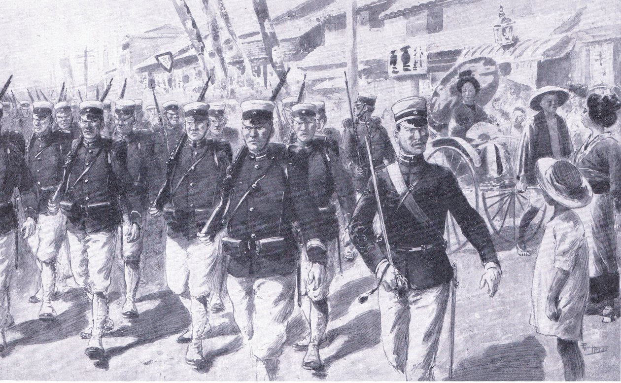 東京を駆け抜ける日本人、カッセルの日露戦争の歴史第1巻、1900年のイラスト 作： アーネストプラーター