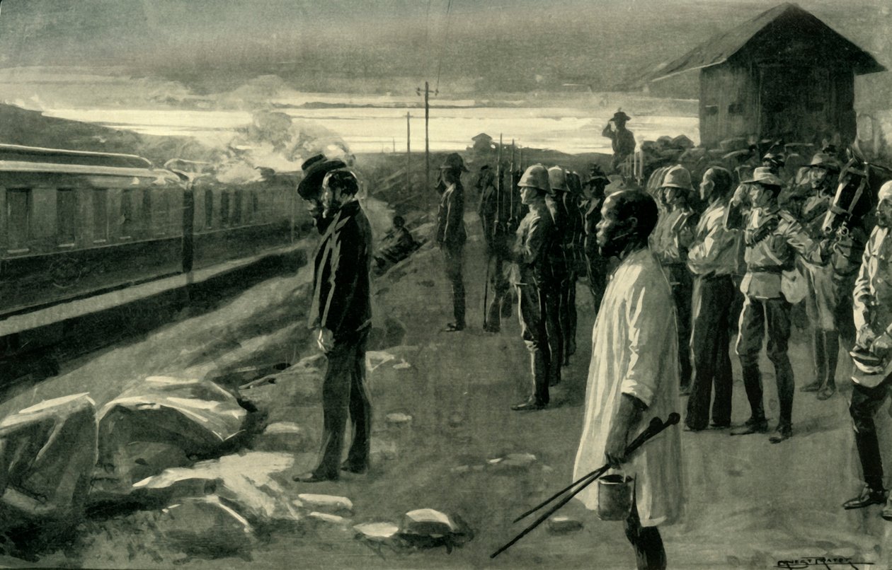 「ブロックハウス警備員によって敬礼されたロードス氏の遺骨を運ぶ列車」、1902年。 作： アーネストプラーター