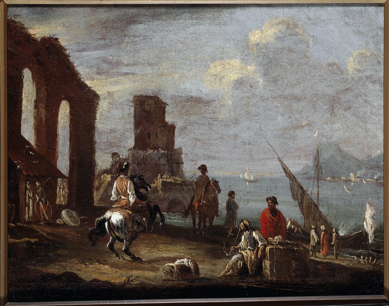 海の近くの廃墟のある風景 エルネスト・モンス・ダレトの絵画（17世紀） 太陽 40x50 cm Genes, Musei di Strada Nuova (ex Palazzo Bianco) 作： モンス・エルネスト・ダレットと呼ばれるアーネスト