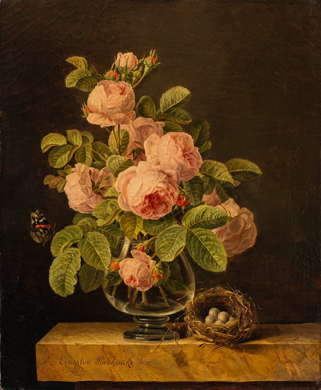 Ernestine Panckoucke - 薔薇の花瓶に蝶と棚の上の巣 作： アーネスティーン・パンクッケ