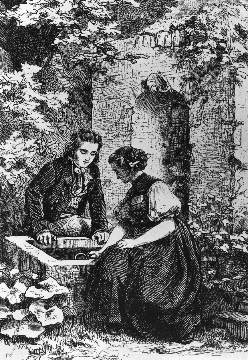 Hermann and Dorothy at fountain, illustration for Hermann and Dorothea, idyll by Johann Wolfgang von Goethe (1749-1832), engraving after drawing by Ernst Bosch (1834-1917)   1464593   ja       japanese Successfully Translated  Original: Henry VIII and Barb 作： エルンスト・ボッシュ