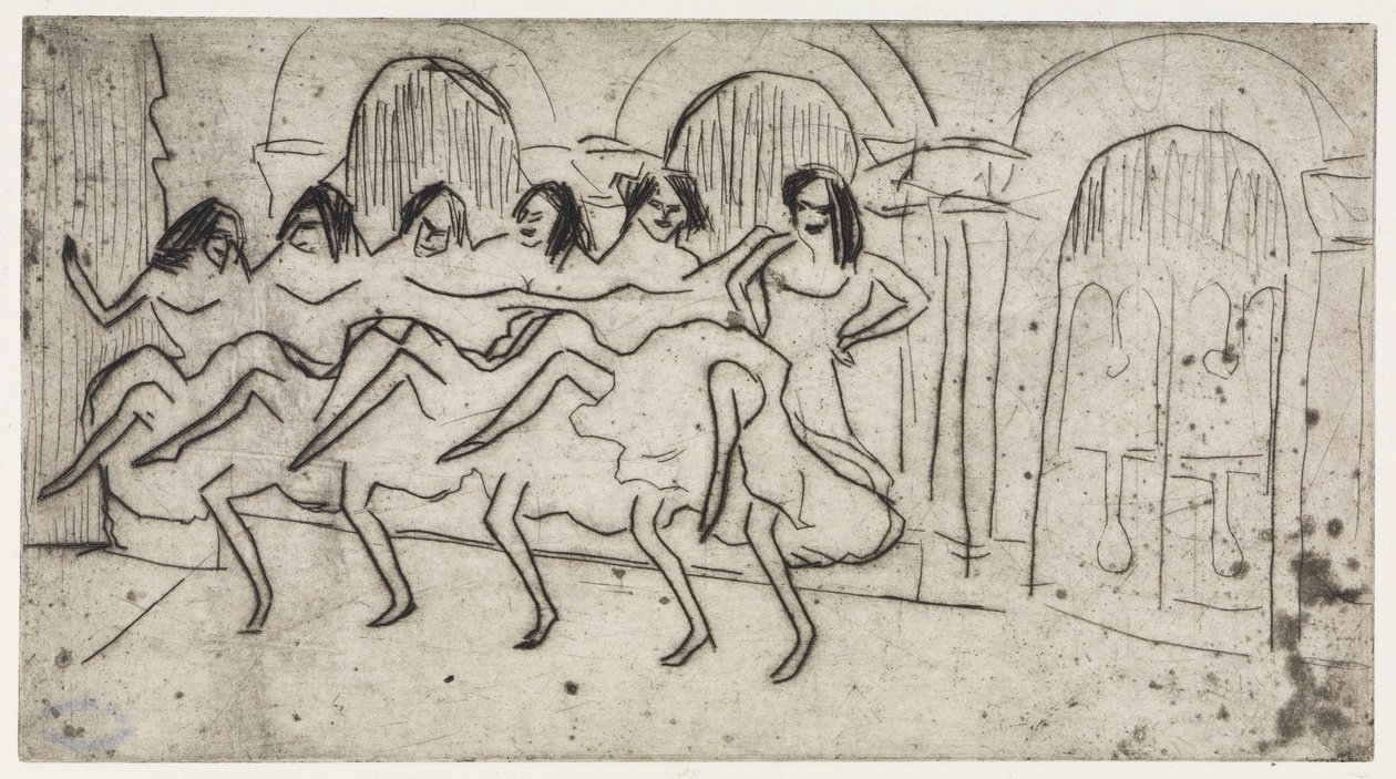 クッションに横たわるロッテ／アーチ状の装飾を背景にした6人の踊り子たち ― 英国のアンサンブル 作： エルンスト・ルートヴィヒ・キルヒナー
