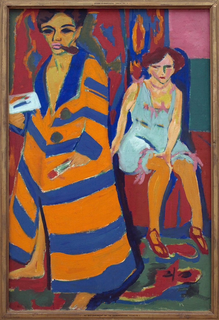 モデルを使った自画像。エルンスト・ルートヴィヒ・キルヒナー（1880-1938）の絵画、油彩、キャンバス 作： エルンスト・ルートヴィヒ・キルヒナー