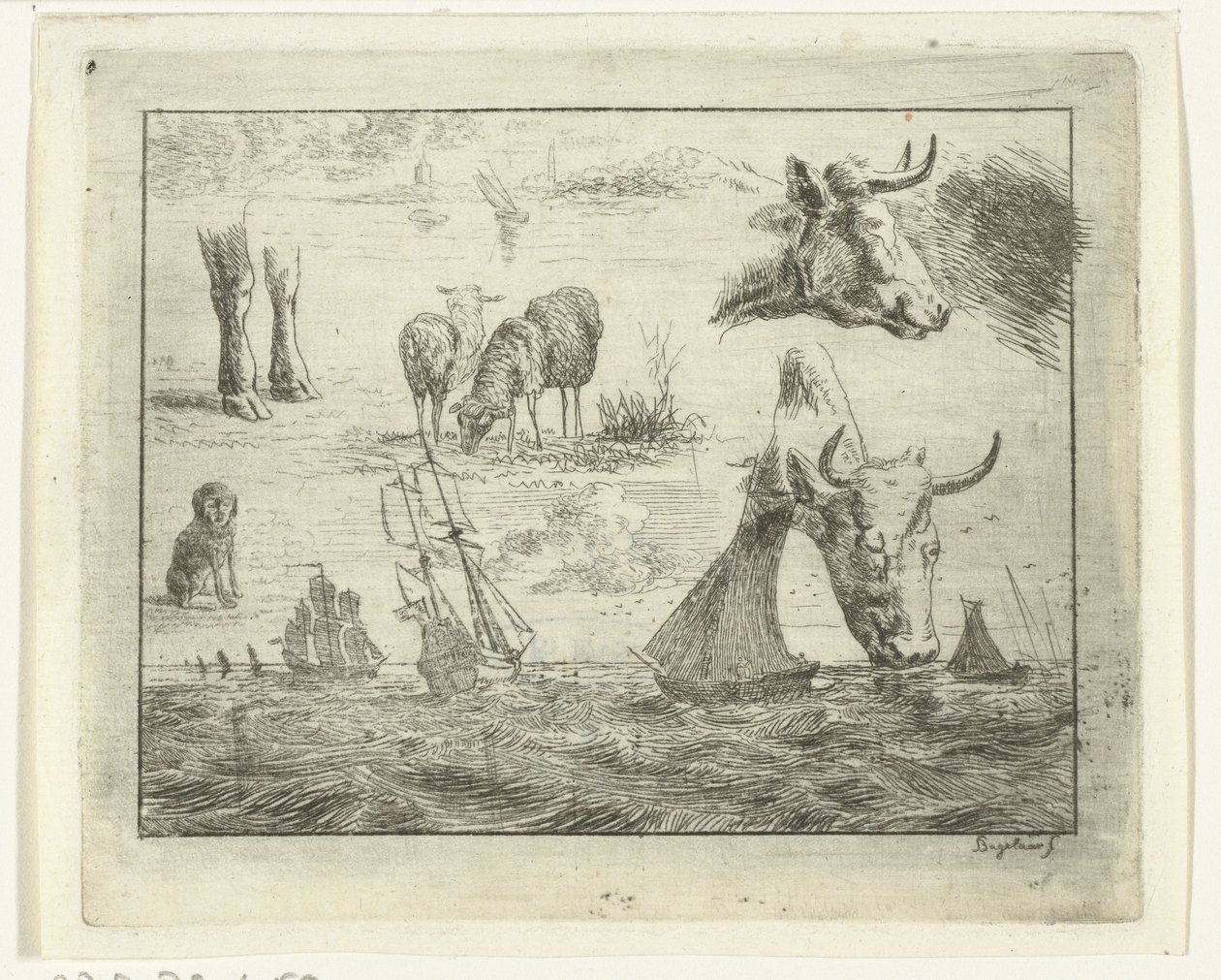 海の風景、2 つの牛の頭、羊、犬、2 本の足の学習シート 作： Ernst Willem Jan Bagelaar