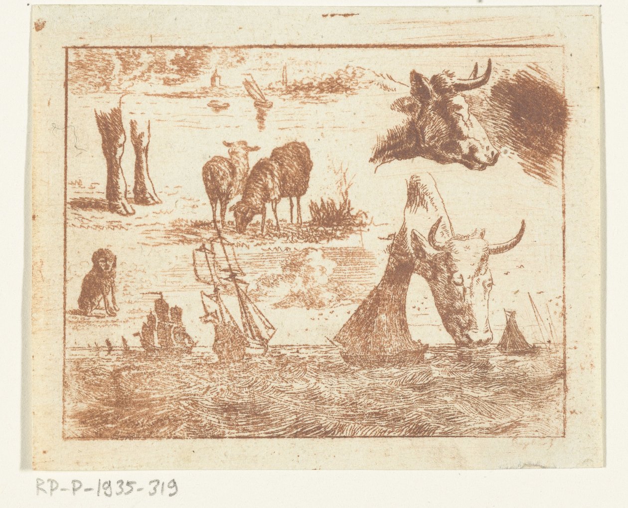 海の風景、2 つの牛の頭、羊、犬、2 本の足の学習シート 作： Ernst Willem Jan Bagelaar