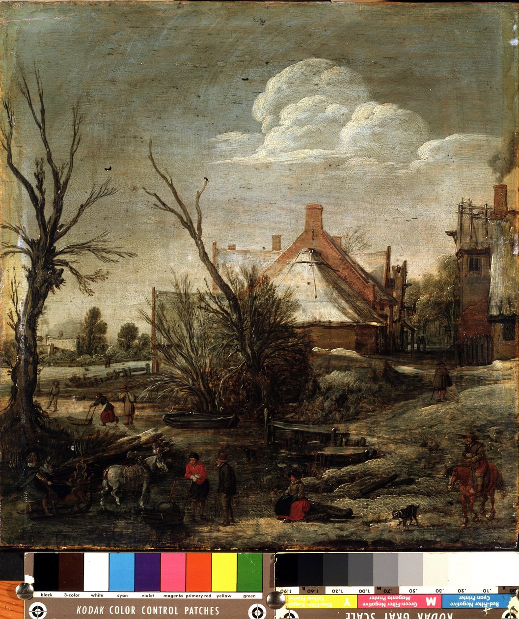 冬（ウィンター）。 Esalas van de Velde (1591-1630) による絵画。 木に油彩、37.5 x 35.5 cm 作： エサイアス1世・ファン・デ・ヴェルデ