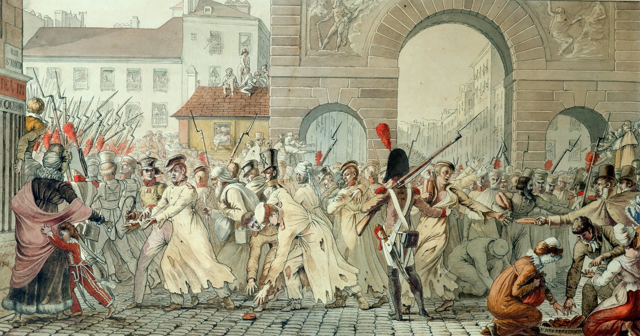 1814年2月17日、モンミライユの戦いの後、サンマルタン大通りでパレードされたロシアの囚人（紙にペンとインクとトイレ） 作： エティエンヌ・ジャン・デクルーズ
