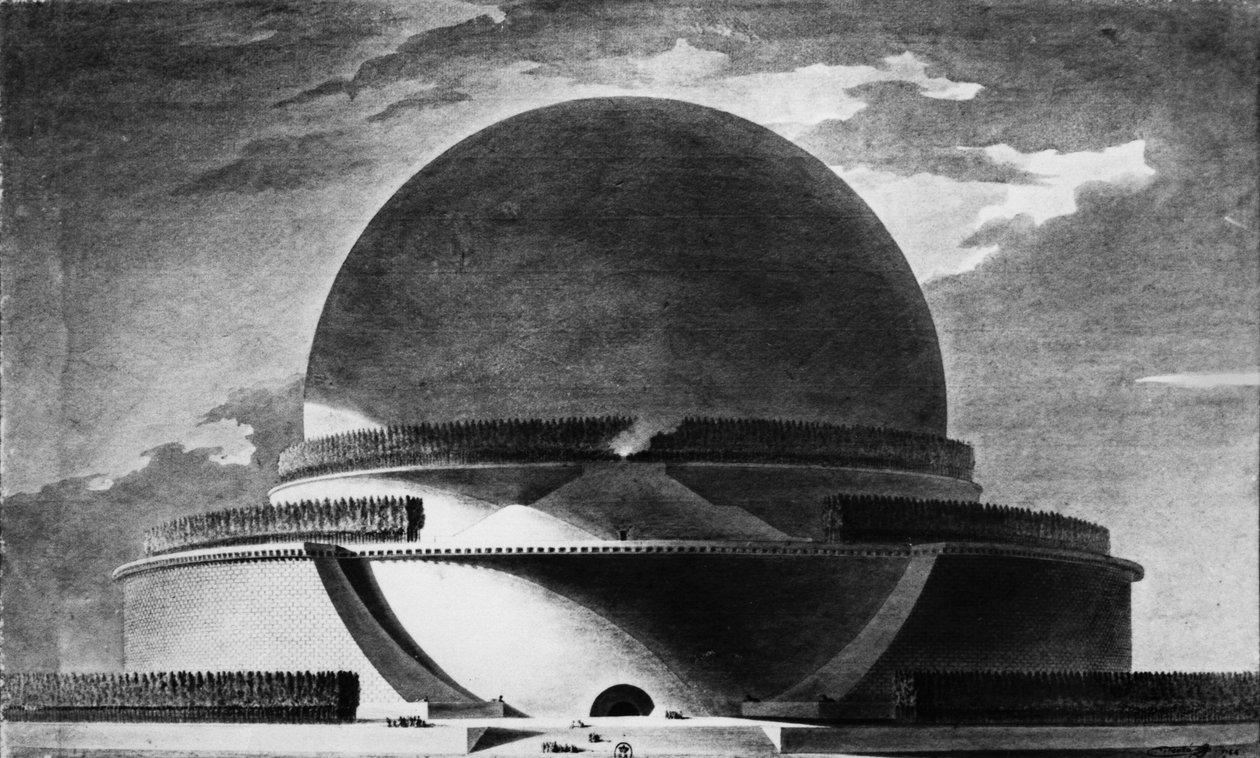 ニュートンの慰霊碑のデザイン、1764（bw写真） 作： エティエンヌ・ルイ・ブーレ