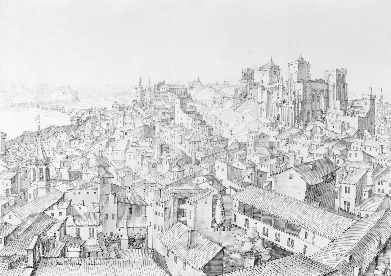 アヴィニョンの町とその周辺の景色（紙にペンとインクで洗う） 作： エティエンヌ・マルテランジュ