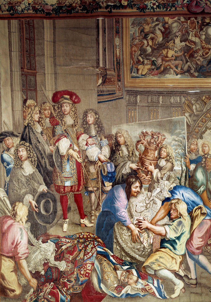 ジャン・バティスト（ジャン＝バティスト）・コルベール（1619-1683）（横顔、国王の右側）と画家シャルル・ルブラン（ル・ブラン）（1619-1690）の面前で、ルイ14世がマニュファクチュール・デ・ゴブランを訪問 ）、10月15日 作： エティエンヌ（スタジオ）Le Blond
