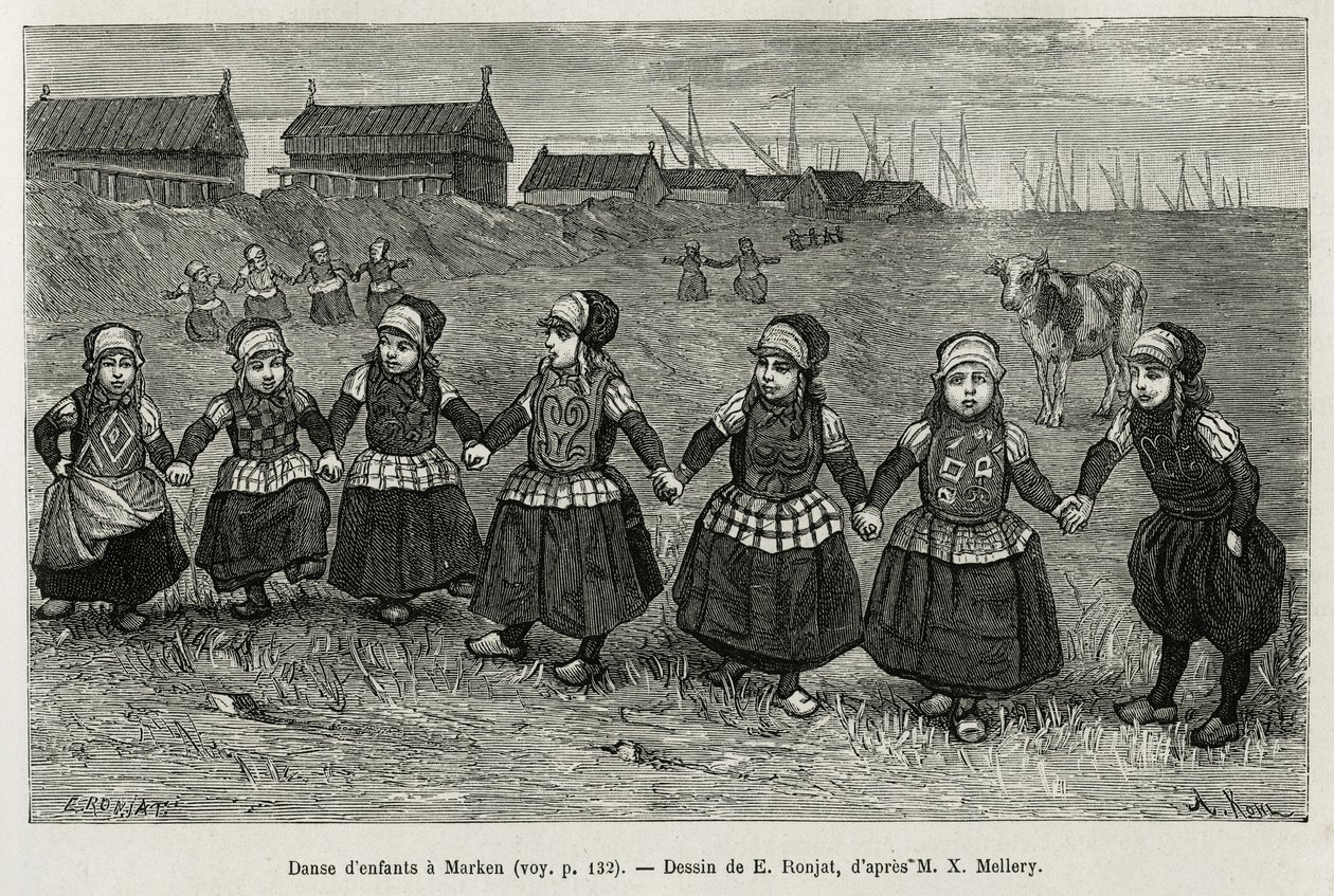 マルケン（オランダ）の子供の踊り、シャルル・ド・コステールが1878年に発表したネールランデ号の物語を説明するためにE.Ronjatが描いた絵の後のエングレーヴィング、エドゥアール・シャルトンの指揮の下、tour du mondeに掲載された。 作： エティエンヌ・アントワーヌ・ユージン・ロンジャ