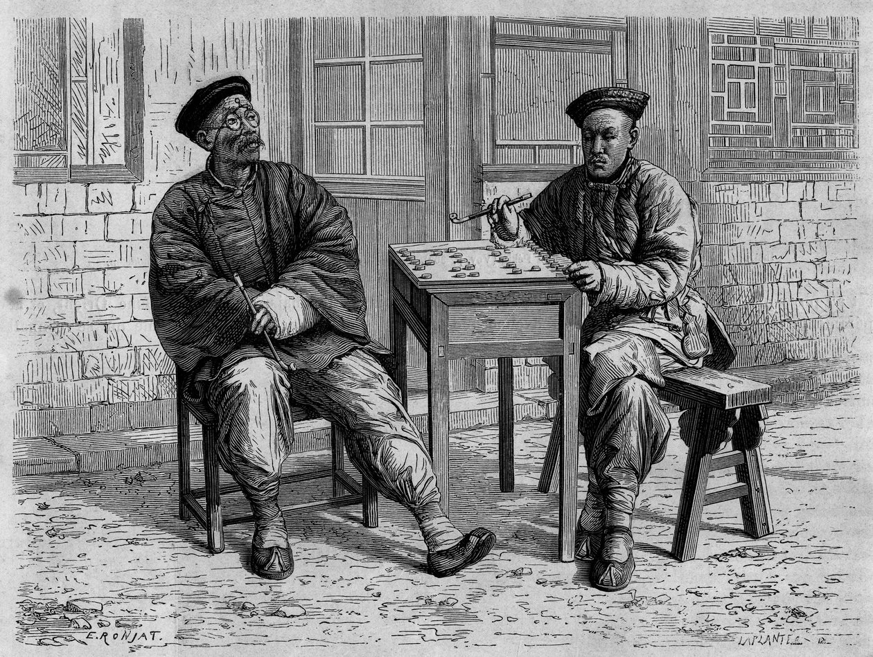 19世紀の北京の街中での囲碁の打ち手。エドゥアール・シャルトン編『Le Tour du Monde, Nouveau journal des Voyages』（パリ）に掲載されたドクター・モラーシュの写真をもとに、ロンジャが描いた絵をもとにしたエングレーヴィング。 作： エティエンヌ・アントワーヌ・ユージン・ロンジャ