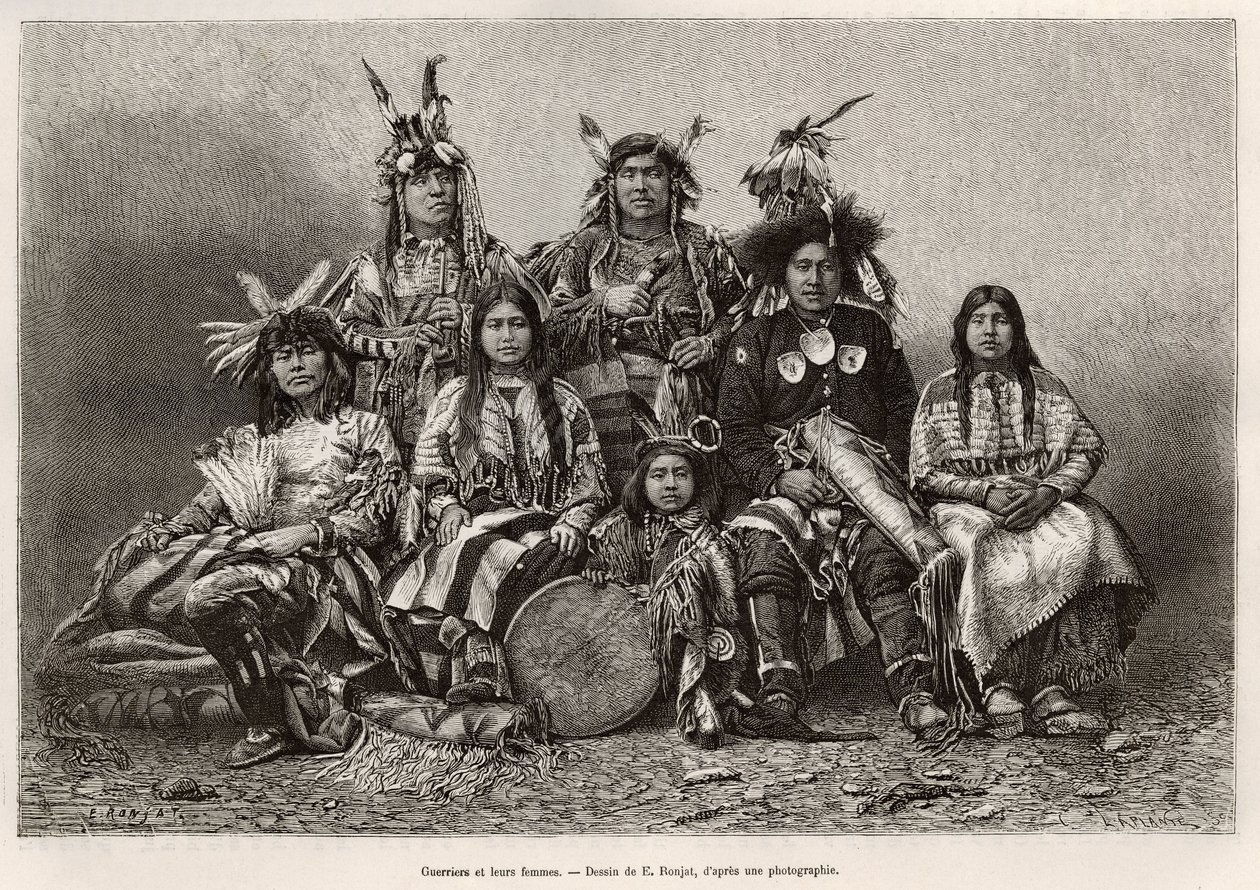 インディアンの戦士とその妻たち（テキサス州）。ウィリアム・ヘップワース・ディクソンが1875年に発表した「La conquete blanche」の挿絵をE.Ronjatが描いたもので、1876年にEdouard Chartonが編集した「Le tour du monde」に掲載されている。 作： エティエンヌ・アントワーヌ・ユージン・ロンジャ