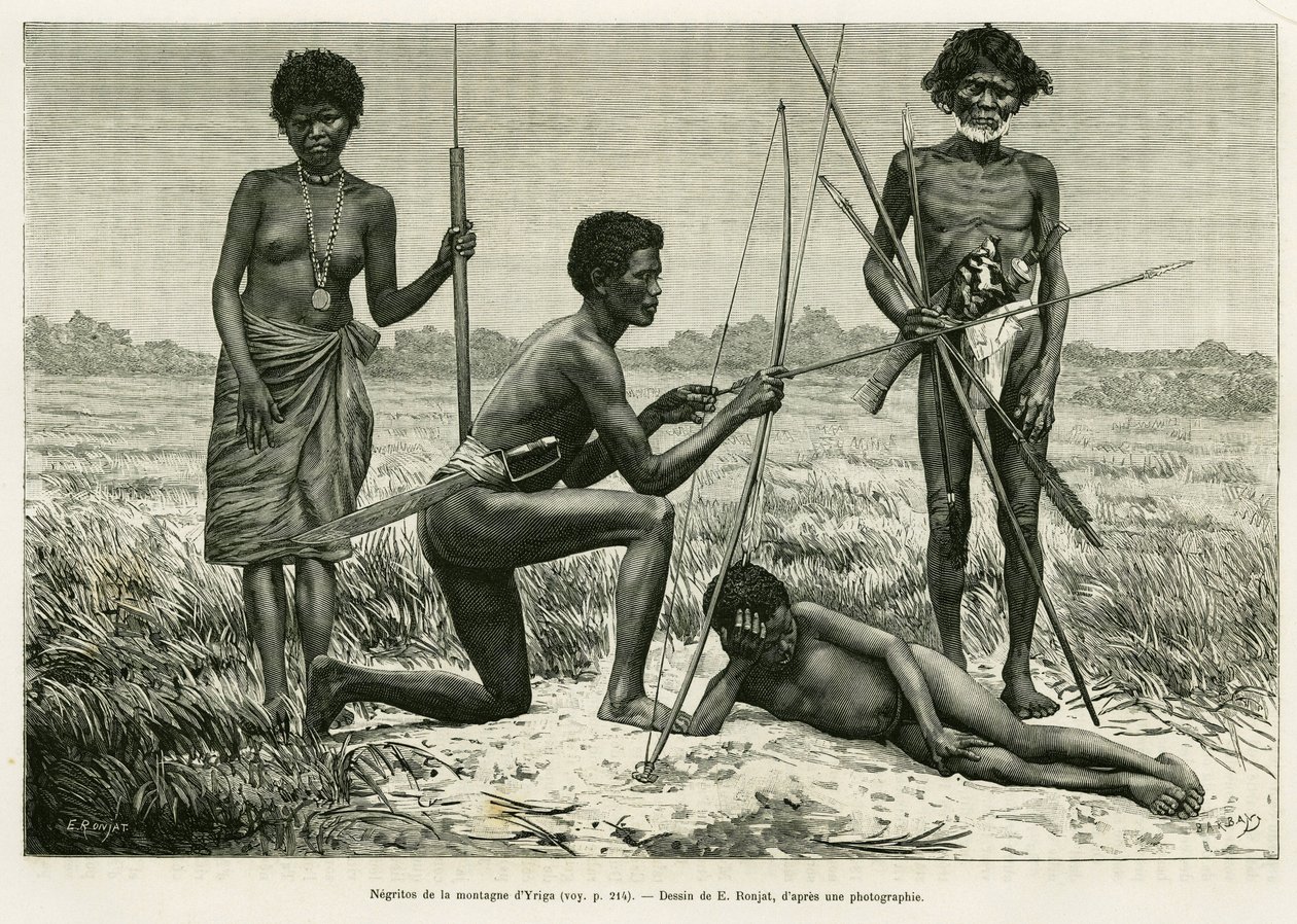 ユリガ山のネグリトたち。アルフレッド・マルシェ（1844-1898）の『Lucon and Palaouan, six years in the Philippines』という物語をE.Ronjatが描いたもので、Edouard Charton（1807-1890）監督の『le tour du monde 1886』に収録されています。 作： エティエンヌ・アントワーヌ・ユージン・ロンジャ