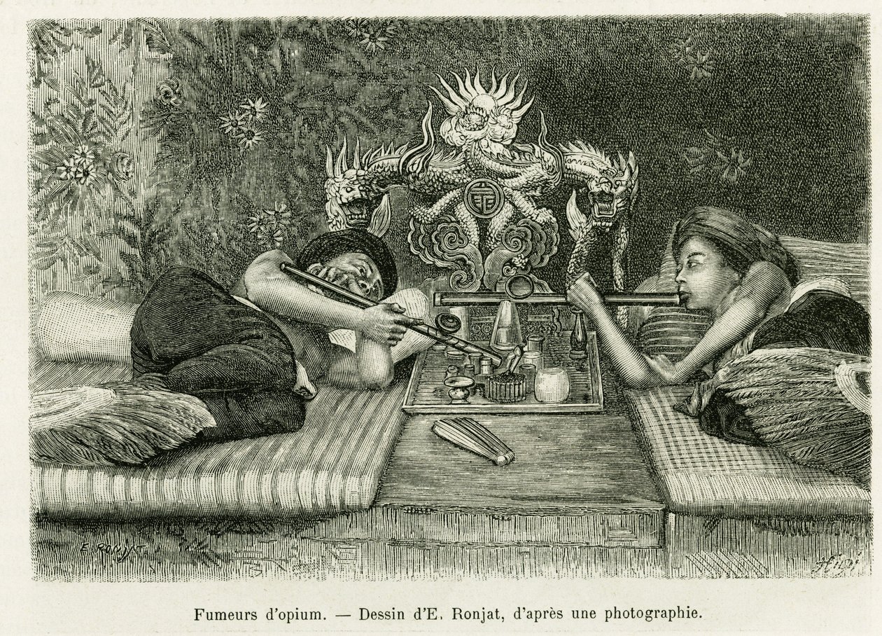 アヘンを吸う人々。エドゥアール・シャルトン（1807-1890）監督の『le tour du monde 1889』に収録されているオカール医師の「Trente mois au Tonkin in 1884」という物語を説明するために、E.Ronjatが写真をもとに描いたもの。 作： エティエンヌ・アントワーヌ・ユージン・ロンジャ