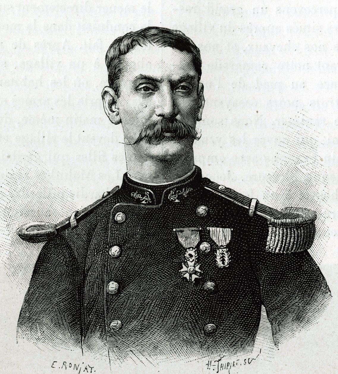 アフリカ遠征中（1879-1882年）のジョセフ・ガリエーニ司令官の肖像。E. Ronjatによる写真をもとにしたエングレーヴィングで、Joseph Gallieni司令官（1849-1916）の "Exploration du Haut Niger (Haut Niger)"(現在のマリ)の物語を説明するためのもの。 作： エティエンヌ・アントワーヌ・ユージン・ロンジャ