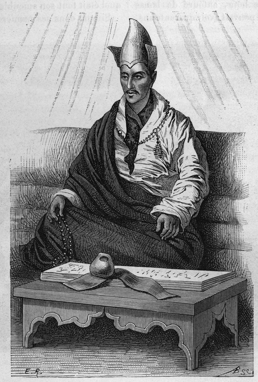 1870年から1880年にかけてのチベットの高僧「クトゥクチャ」の肖像。エドゥアール・シャルトン編集の「Le Tour du Monde, Nouveau journal des Voyages」に掲載されているロンジャットの絵をもとにした版画。 作： エティエンヌ・アントワーヌ・ユージン・ロンジャ