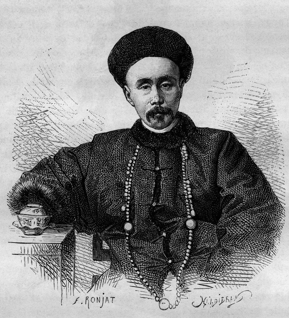 中国の将軍であり、1871年から1895年、1900年から1901年まで支那の副王（総督）を務めた李鴻章（1832-1901）の肖像。ロンジャが描いた絵をトムソンが撮影した写真をもとにした版画、「Le  Tour du Monde, Nouveau journal des Voyages」編集部刊