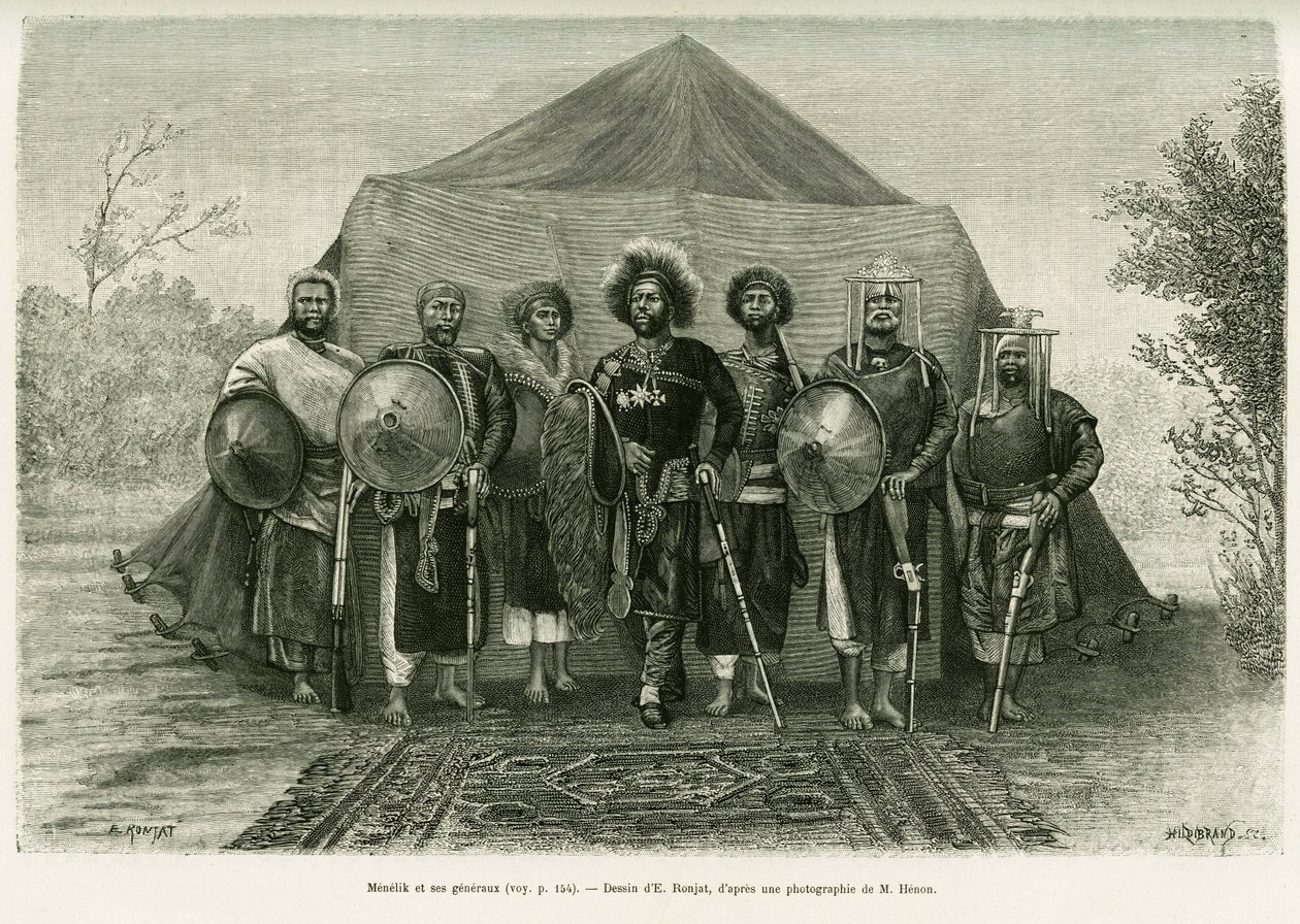 将軍たちに囲まれたエチオピア王子メネリク2世（1844-1913）の肖像。写真をもとにロンジャットが描いた「Voyage au Choa（Abyssinie meridionale）」という物語のための版画。 作： エティエンヌ・アントワーヌ・ユージン・ロンジャ