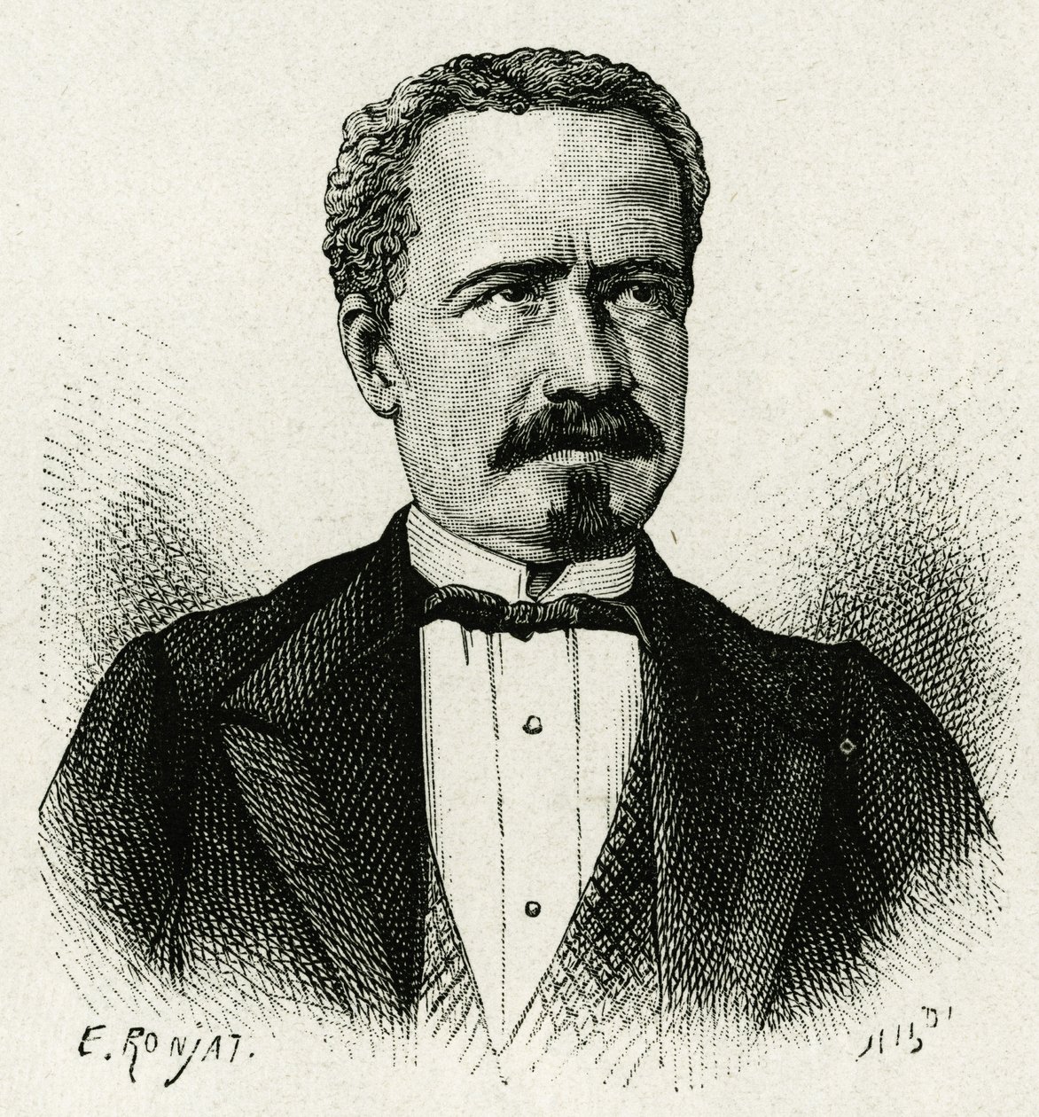 1875年から1876年までエクアドルの大統領を務めたドン・アントニオ・ボレロの肖像。"春分の日のアメリカ "の物語を説明するために、E.Ronjatが写真をもとにして描いた版画。 作： エティエンヌ・アントワーヌ・ユージン・ロンジャ
