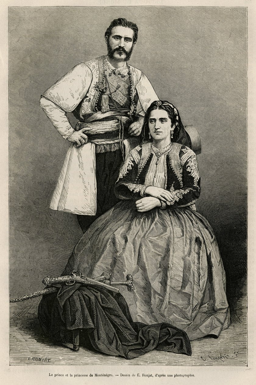 モンテネグロ公爵ニコラス・I・ペトロヴィッチ・ニエゴシュ（1841-1921）とその妻ミレーナ（旧姓ヴーコヴィッチ）（1847-1923）の肖像画、E.Ronjatによるドローイング、1874年にCharles Yriarte（1832-1898）がモンテネグロへの旅を描いたものである。ル・ツアー・デュ・モンテネグロ」に掲載されているエングレーヴィング 作： エティエンヌ・アントワーヌ・ユージン・ロンジャ