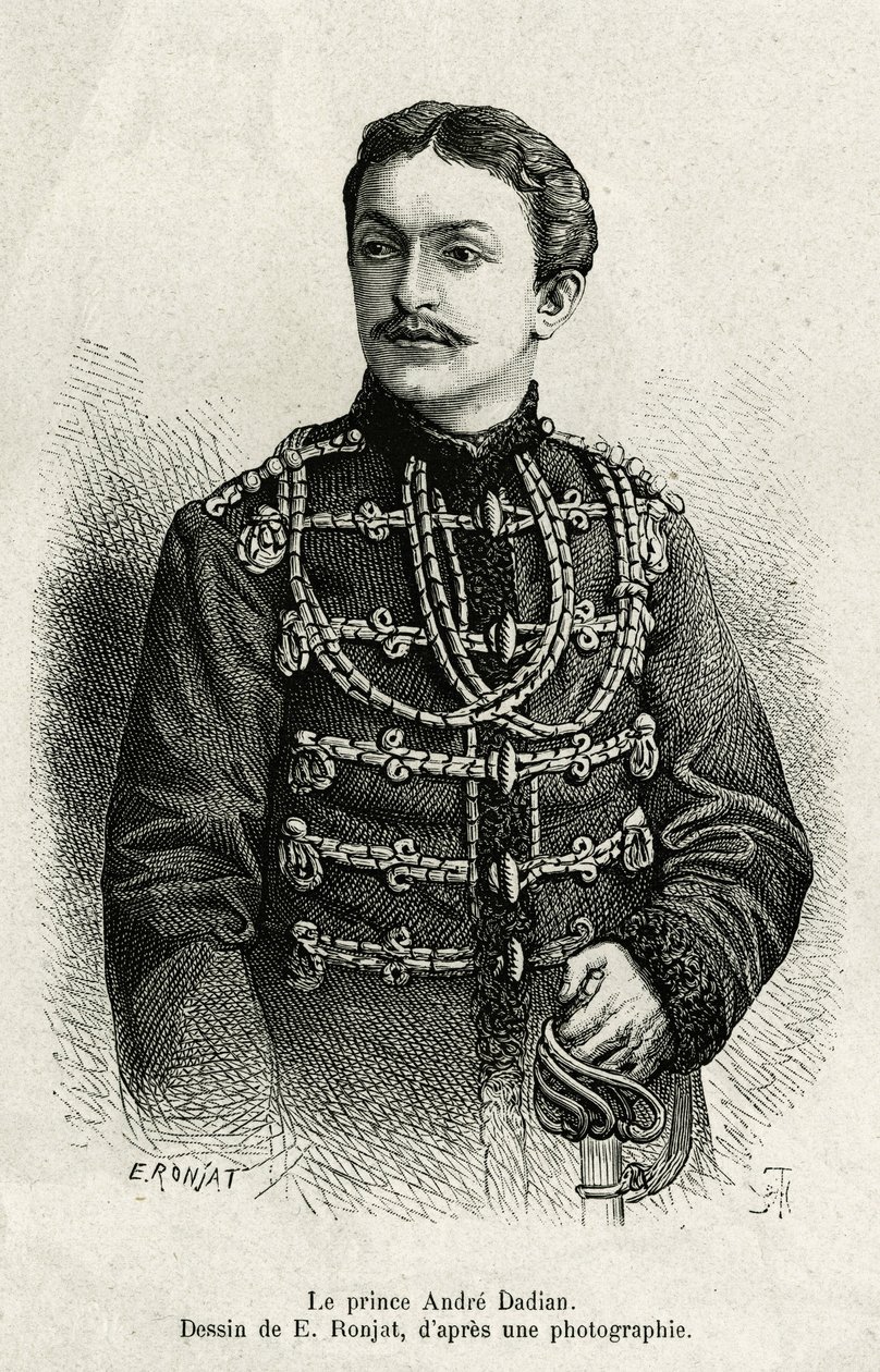 Prinz Andre Dadian von Mingrelien (1850-1910), General der russischen Armee und Schachmeister. Gravur von E. Ronjat, um die Geschichte Un tour en Mingrelie (Region Georgien, zwischen dem Kaukasus und dem Rion) von Carla Serena in 1876-1877 zu illustrieren von Etienne Antoine Eugene Ronjat