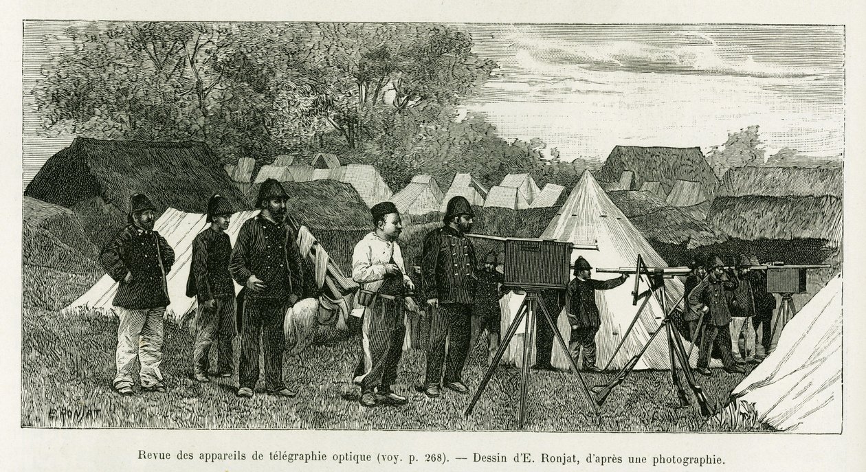 光電送装置のレビュー。エドワード・シャルトン（1807-1890）の指導の下、医師ポール・オカールが1884年に行った「トンキンでの3時間の出来事」を説明するためにE.ロンジャが描いた版画。 作： エティエンヌ・アントワーヌ・ユージン・ロンジャ