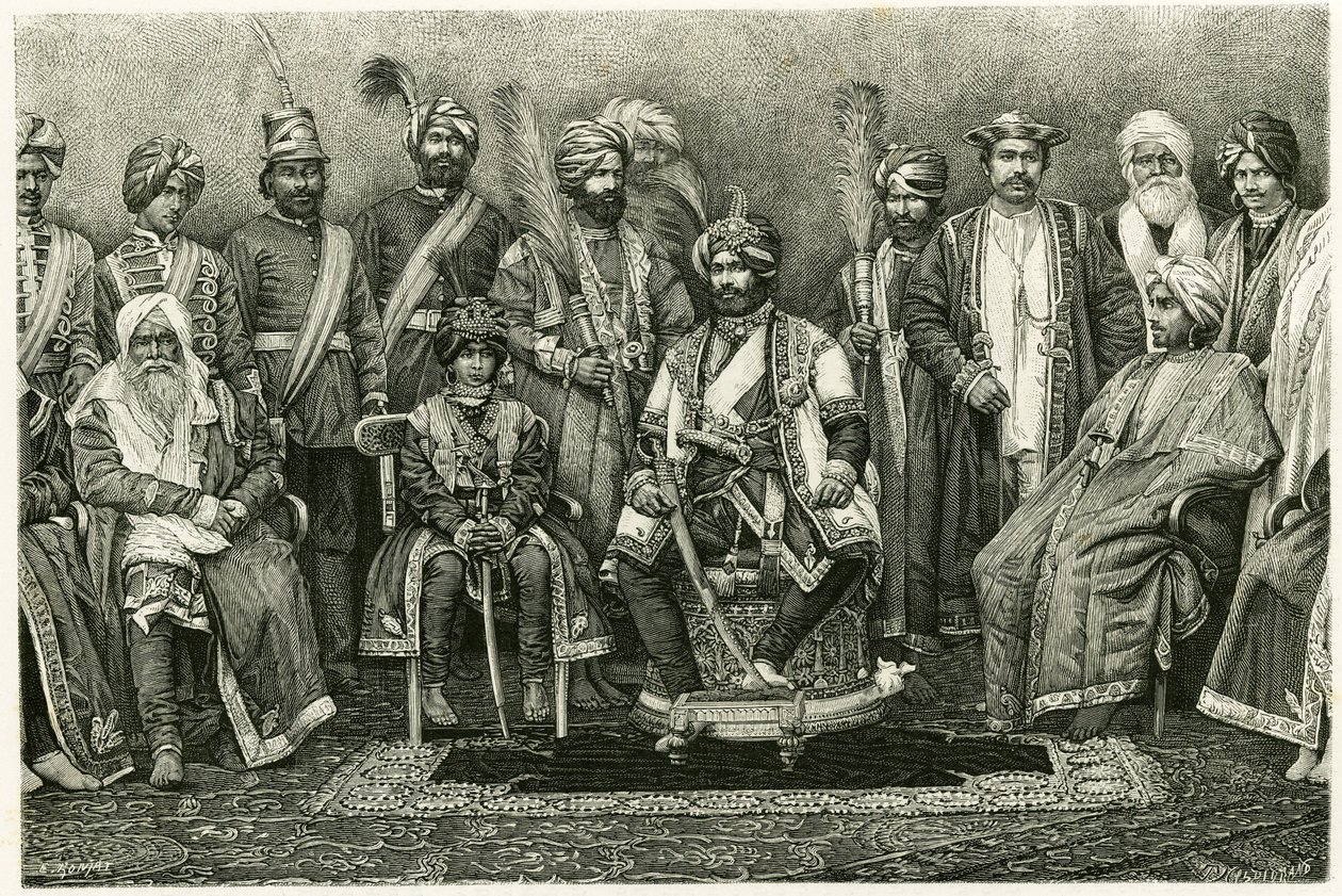 カシミールのマハラジャ、ランビール・シングとその宮廷。1881年、マリー・ド・ウジファルビー・ブルドン（Ujfalvy Bourdon）が書いた物語「西ヒマラヤにおけるパリ女性の肖像」を説明するための、E.ロンジャットによるエングレーヴィング。Tour du monde（トゥール・デュ・モンド）第2期に掲載された 作： エティエンヌ・アントワーヌ・ユージン・ロンジャ