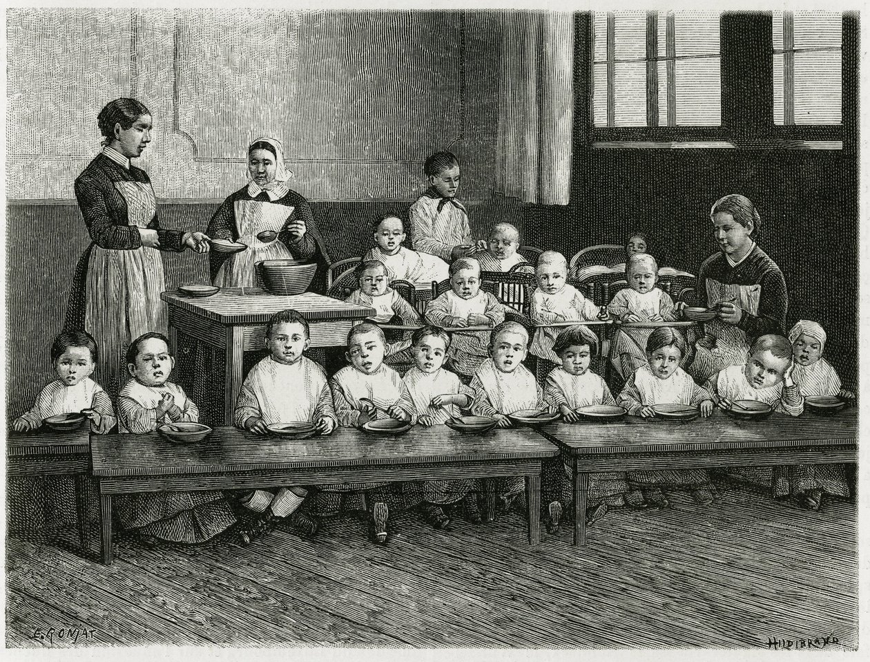 保育園での子どもたちの食事の様子。ドイツの政治家・作家であるシャルル・グラッド（1842-1890）が1884年に発表した物語「Atravers l