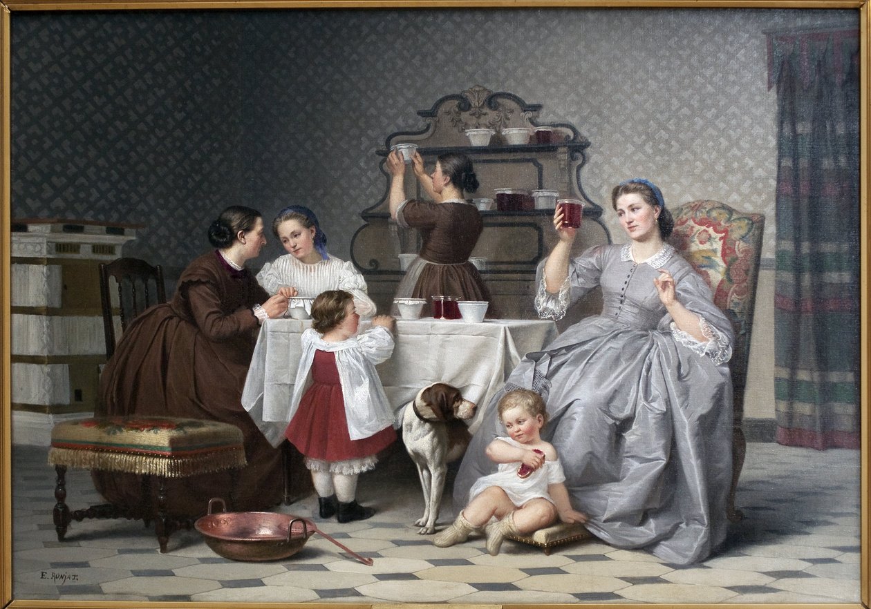 ジャムは、Le gouter de familleとも言います。ウジェーヌ・ロンジャ（1822-1912）の絵画、油彩・カンヴァス、1860年頃の作品。19世紀のフランス美術。ウィーン美術館（イゼール）。 作： エティエンヌ・アントワーヌ・ユージン・ロンジャ