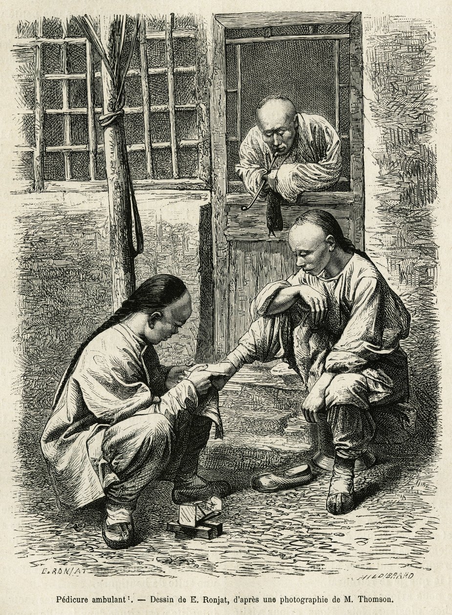 歩くペディキュア、中国の都市では日常生活でよく見られる光景です。1873年にT.Choutzeが北京と華北への旅を説明するために描いたE.Ronjatの図面に基づくエングレーヴィングで、1876年にEdouard Chartonが編集した "Le tour du monde "に掲載されている。 作： エティエンヌ・アントワーヌ・ユージン・ロンジャ