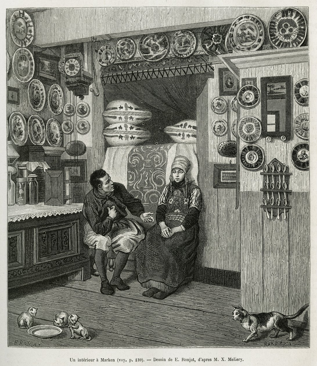 Un interieur à Marken (Pays Bas), E.Ronjatの図面に基づくエングレーヴィング、Charles de CosterによるNeerlandeの物語を説明するためのもの、1878年、Edouard Chartonの指導の下、tour du mondeに掲載された。 作： エティエンヌ・アントワーヌ・ユージン・ロンジャ