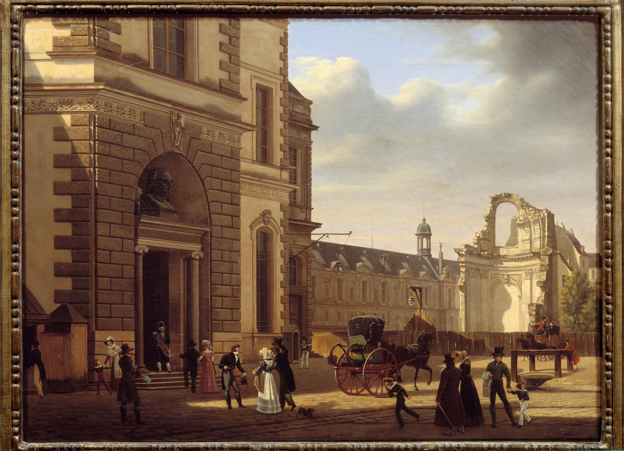 ルーヴル美術館の入り口とサンルイ・デュ・ルーヴルの遺跡。パリの風景。エティエンヌ・ブーホト（1780-1862）の絵画 作： エティエンヌ・ブーホ