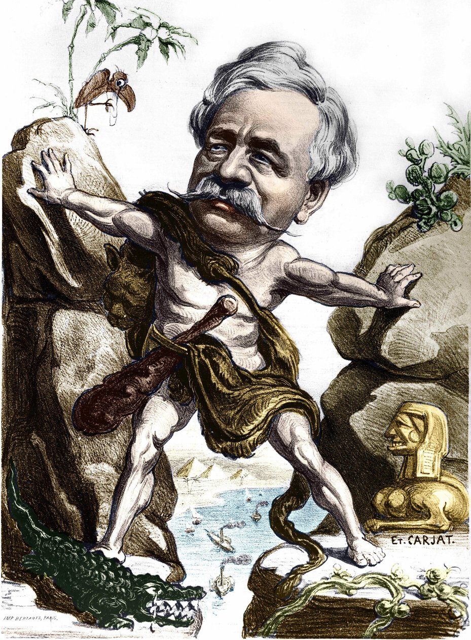 フェルディナン・ド・レセップス（1805-1894）は、フランスの外交官であり、スエズ運河の管理者であった。カルヤトの風刺画。 作： エティエンヌ・カルジャット