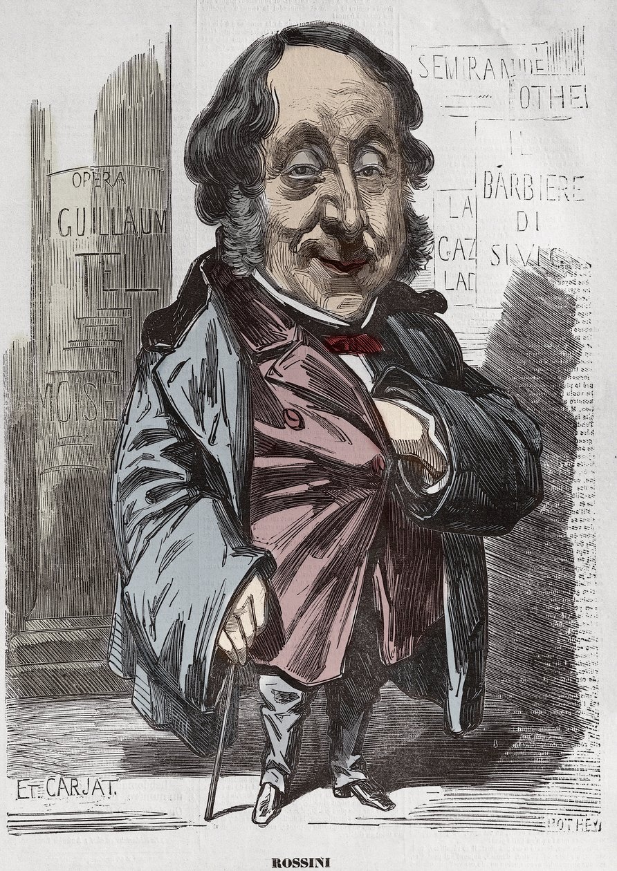 Gioachino (Gioacchino) Rossini (1792-1868)の肖像、Etienne Carjatによる風刺画 - Etienne Carjat (1928-1906)、Nadarの後、1856年12月21日にDiorogeneのためにロッシーニが描いた肖像画の担当者 作： エティエンヌ・カルジャット