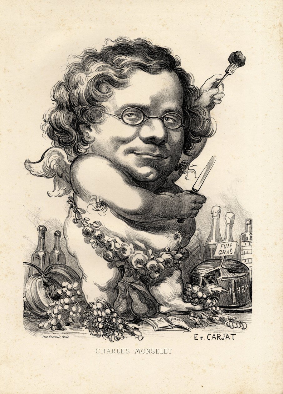 flying leaf - Etienne Carjat (1826-1906)によるイラスト。Obeite, Foie gras - モンスレー・シャルル (1825-1888) 作： エティエンヌ・カルジャット