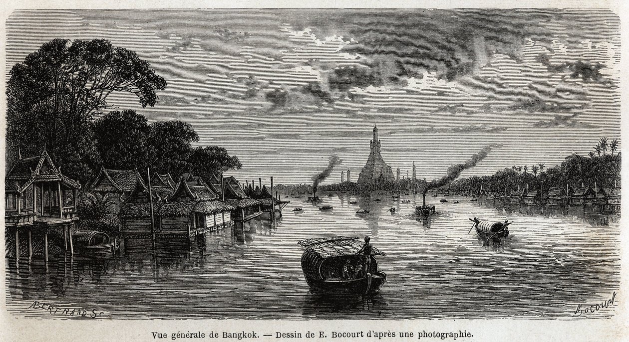 1858年から1861年にかけてシャム、カンボジア、ラオスの王国を訪れたアンリ・ムホーの旅を説明するためにE.Bocourが描いたバンコク（タイ）の全景。エドゥアール・シャルトン編集の「Le tour du monde」に掲載された版画 作： エティエンヌ・ガブリエル・ボクール