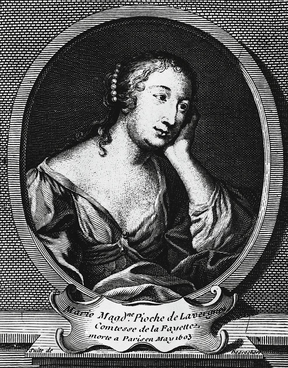 フランスの小説家、マリー＝マドレーヌ・ピオッシュ・ド・ラ・ヴェルニュ、コンテス・ド・ラ・ファイエット（1634-1693）、エティエンヌ・ジェハンディエ・デロシェール（1668-1741）による彫刻のメダリオン肖像画 作： エティエンヌ・ジャンディエ・デロシェ