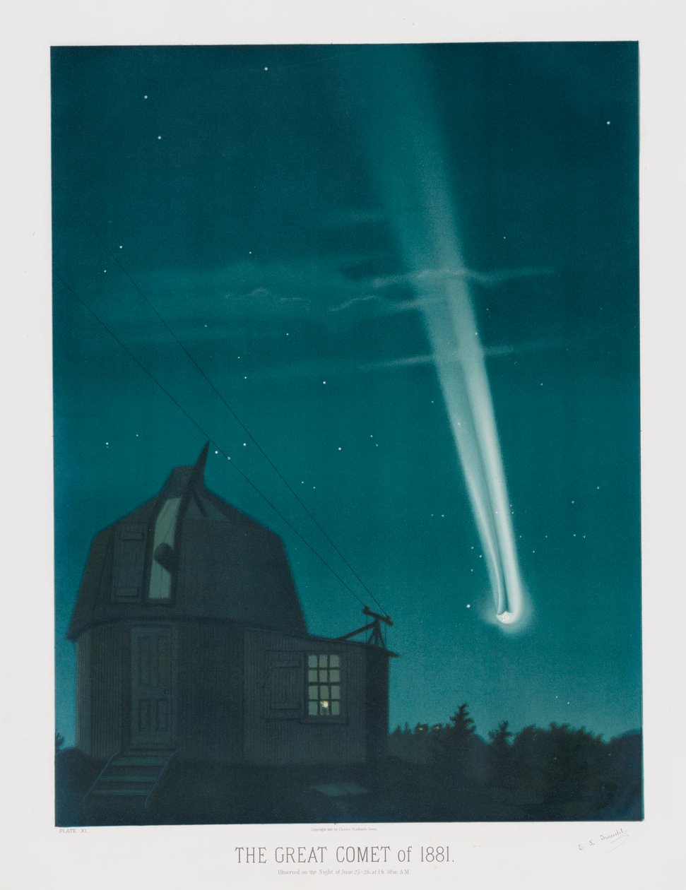 1881 年の大彗星、6 月 25 ～ 26 日の夜、パブで午前 1 時 30 分に観測。 1881年。 作： エティエンヌ・レオポルド・トルヴロ