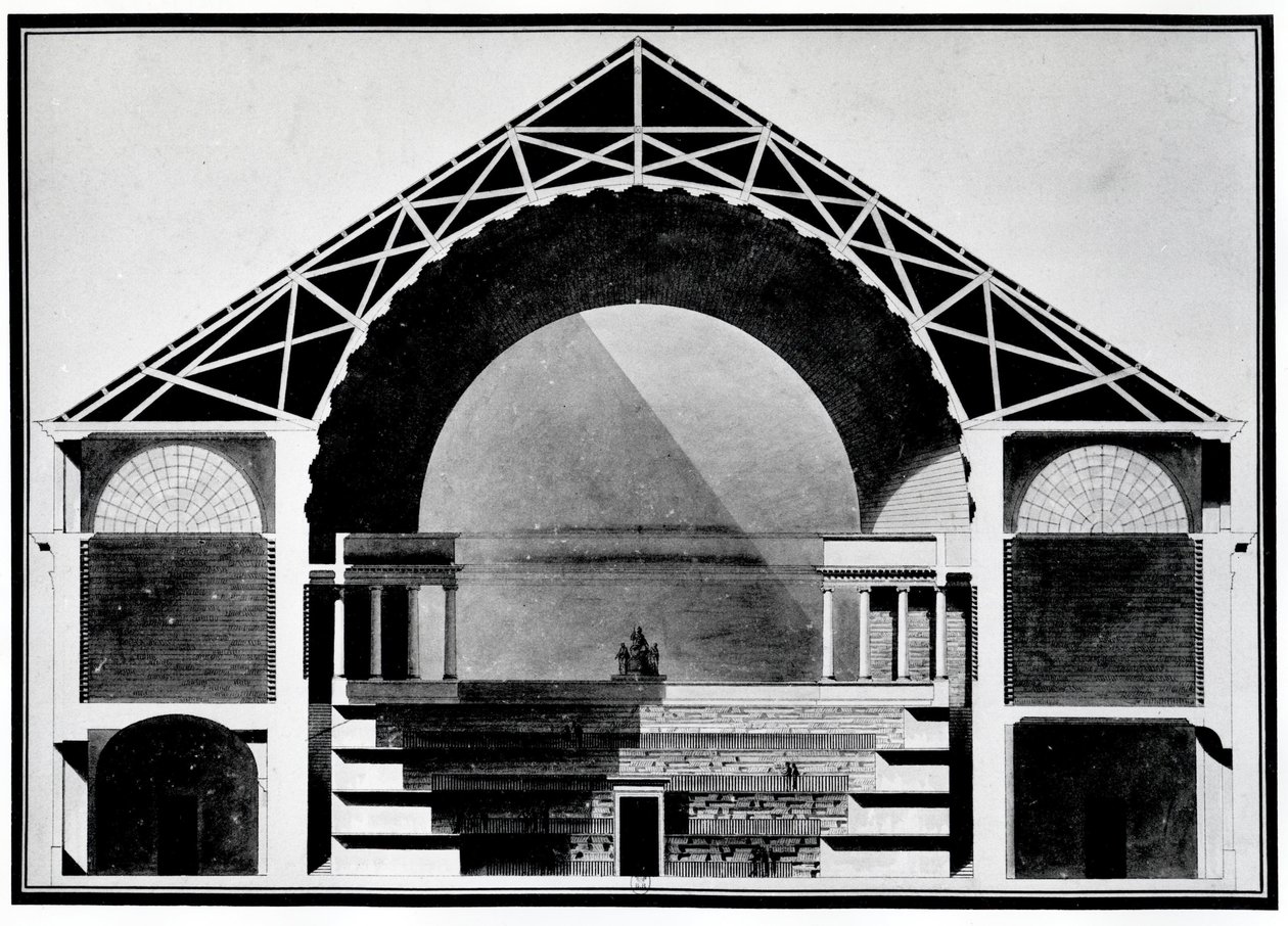 フランス王立図書館、建物の断面図。エティエンヌ・ルイ・ブーレ（Etienne-Louis Boullee）、フランスの建築家（1728～1799年）の建築。 作： エティエンヌ・ルイ・ブーレ