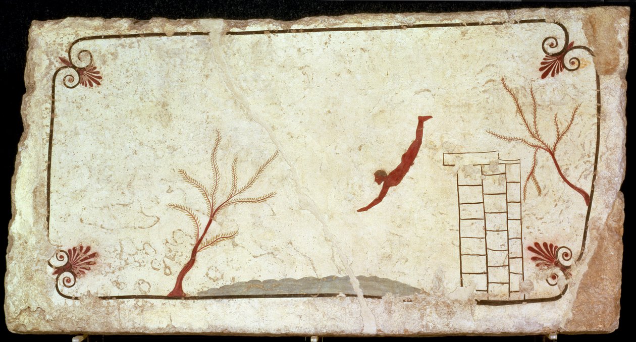 紀元前480〜470年のパエストゥムの南墓地のダイバーの墓の絵 作： エトルリア語