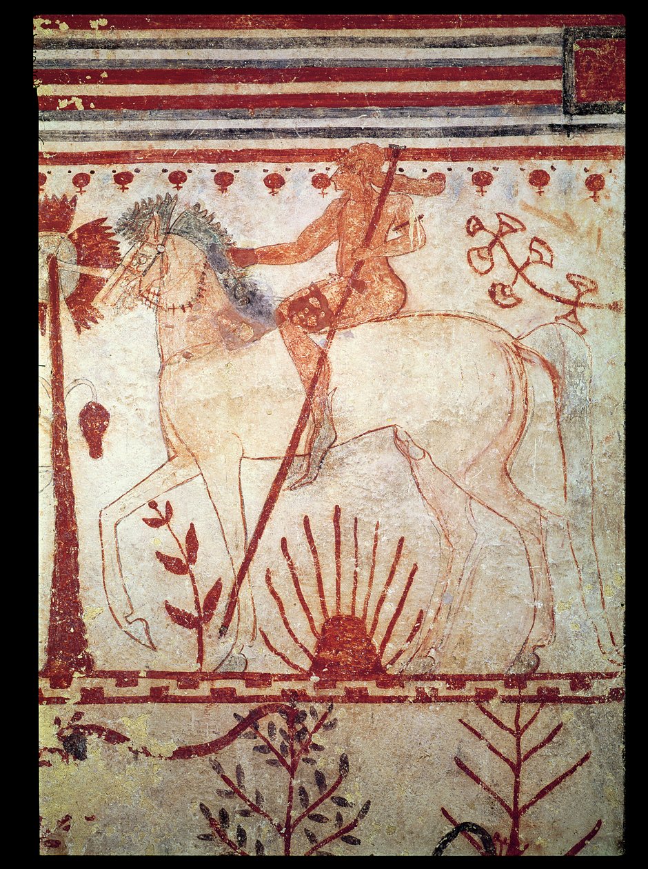 雄牛の墓からのアキレスのトロイの木馬王子トロイルスの待ち伏せ（トンバデルトーリ）紀元前540年頃（壁画） 作： エトルリア語
