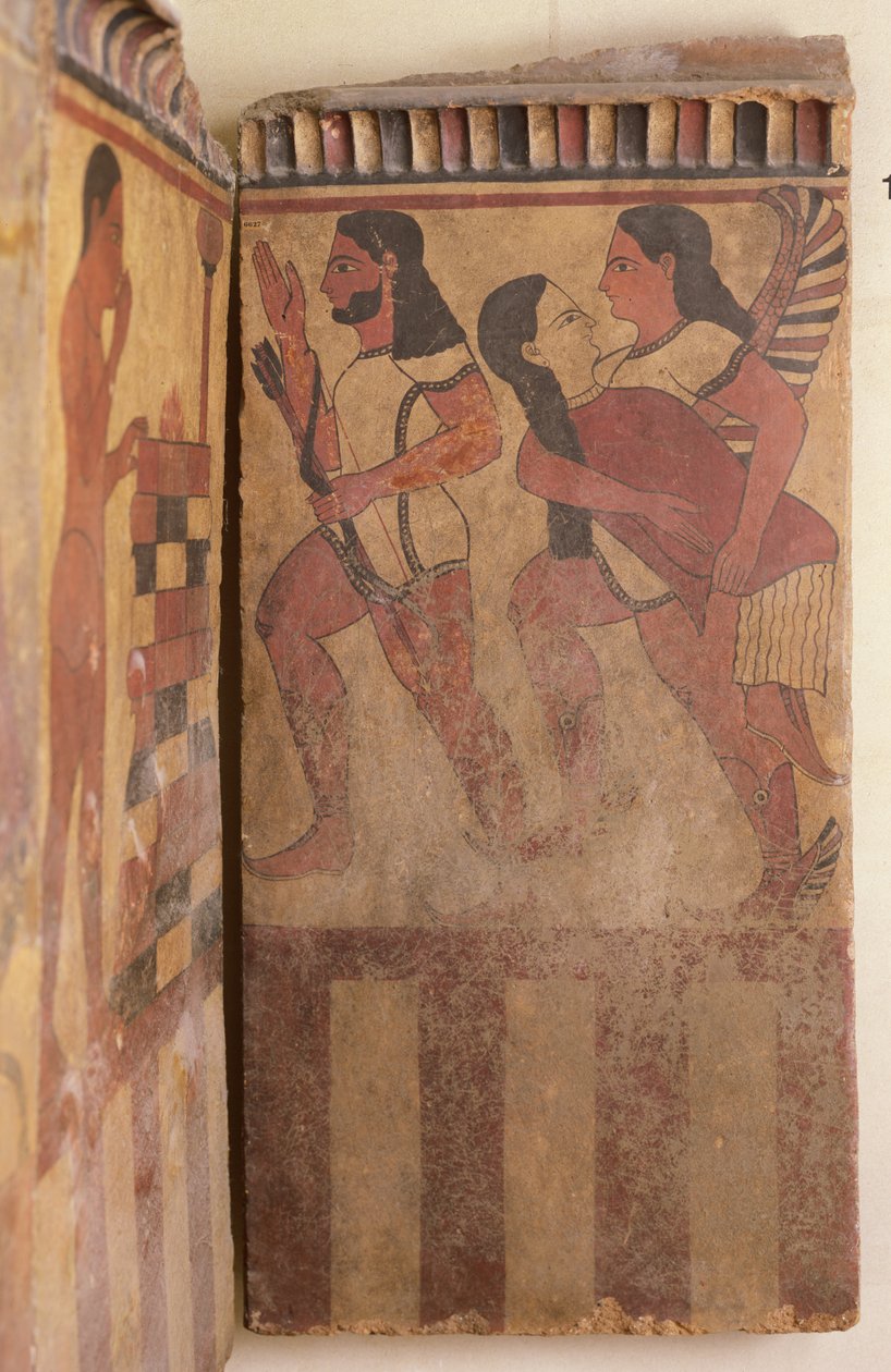 カンパーナプラーク、翼のある魔神は射手に伴われた女性を運びます、紀元前550-525年頃（壁画）（詳細） 作： エトルリア語