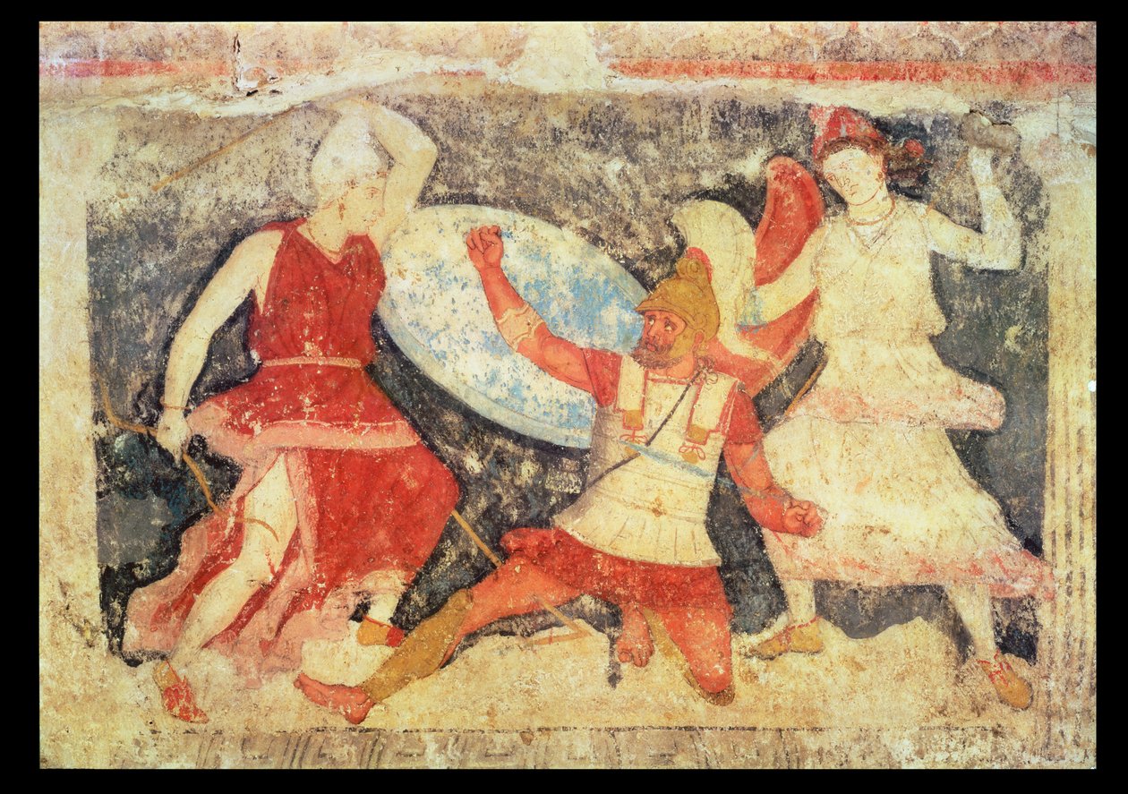 タルクイーニア出身のギリシャ人と戦う2人のアマゾン、紀元前370-360年（壁画） 作： エトルリア語