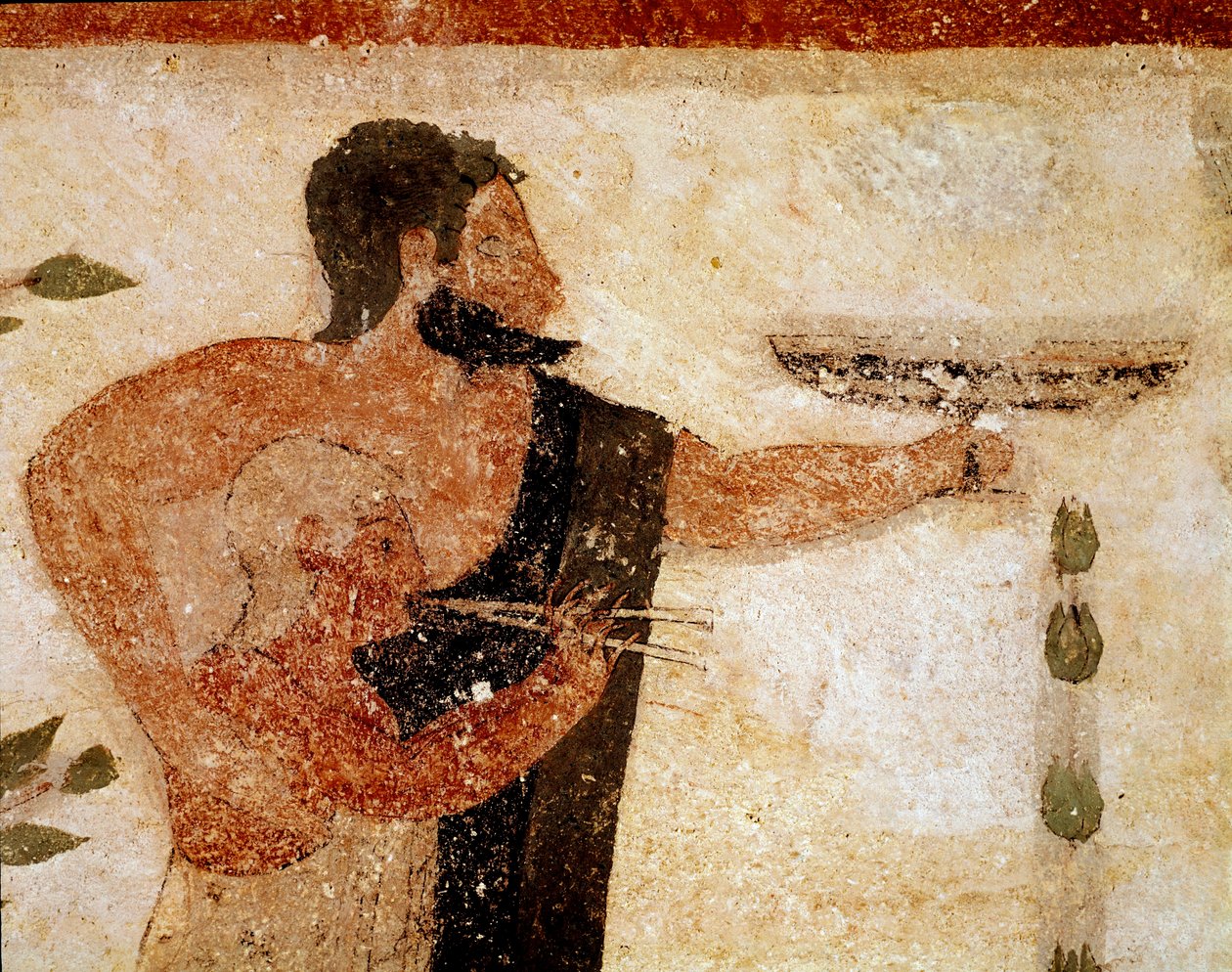 杯を差し出す髭面の男と、その近くにいる音楽家（前530年、フレスコ画の詳細 作： エトルリア語